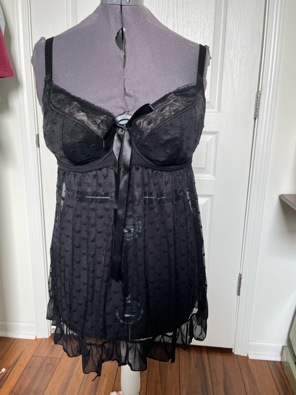 Sheer Black Lace Babydoll Chemise with Satin Ribbon